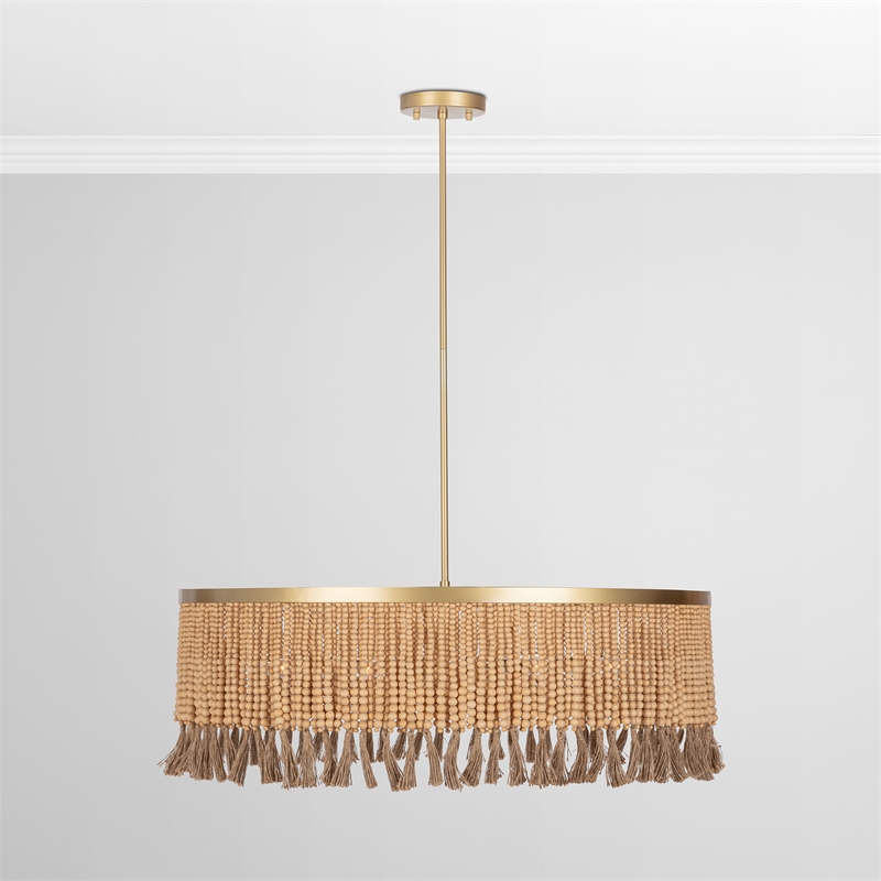Pemberly Row Traditional Gold Finish Wood Beads Pendant Light