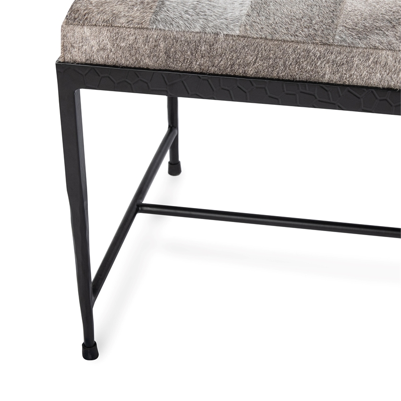 Pemberly Row Contemporary Gray Finish Hair on Hide 60in Iron Bench
