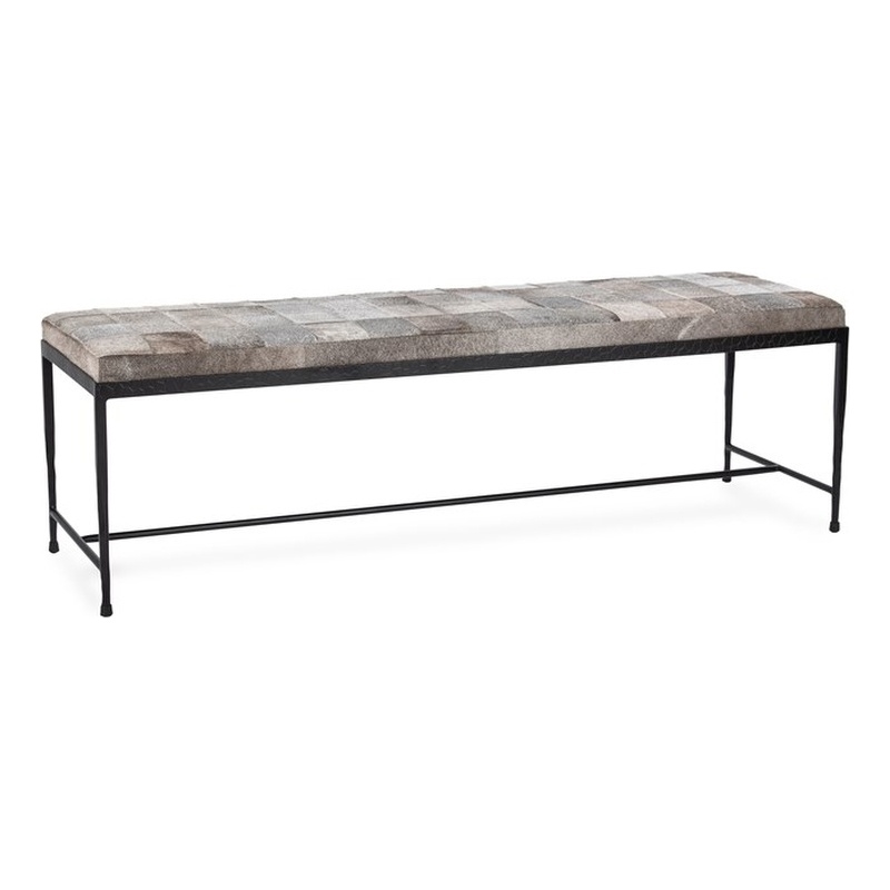 Pemberly Row Contemporary Gray Finish Hair on Hide 60in Iron Bench