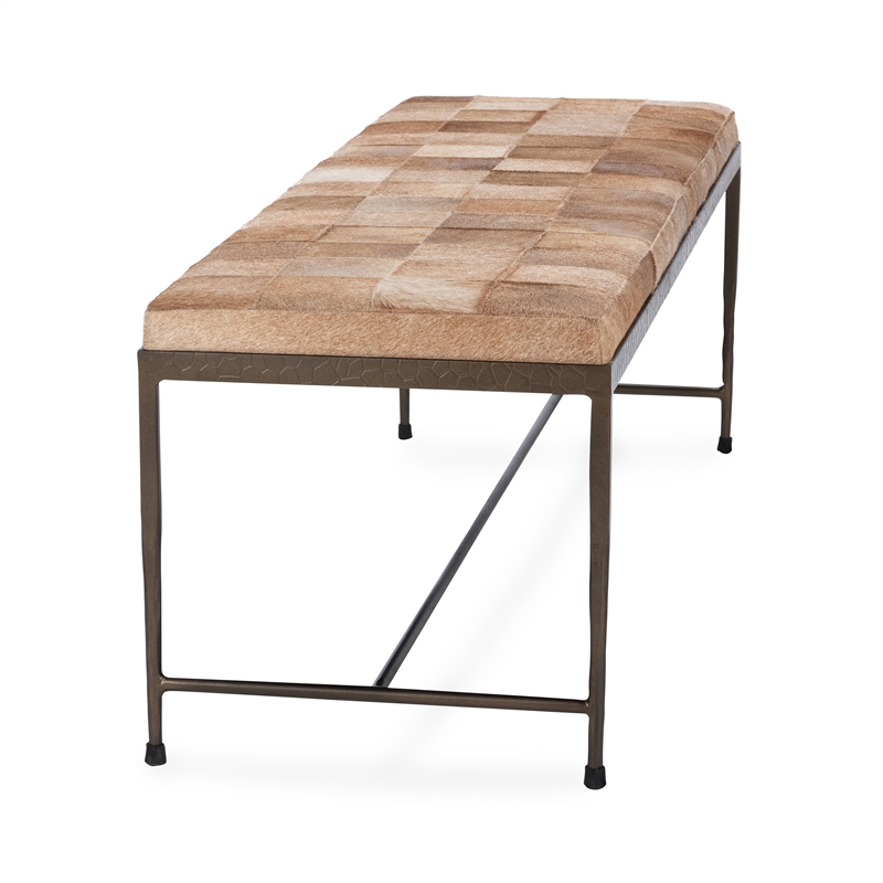 Pemberly Row Contemporary Blond Hair on Hide 60in Iron Bench