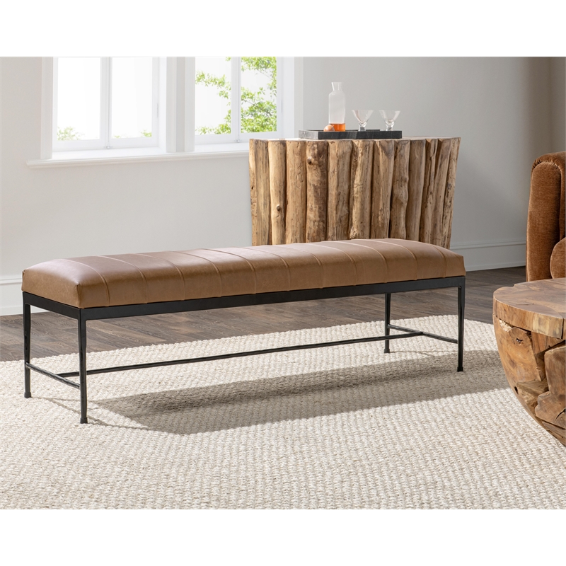 Pemberly Row Contemporary Top-grain Leather Iron Bench in Taupe