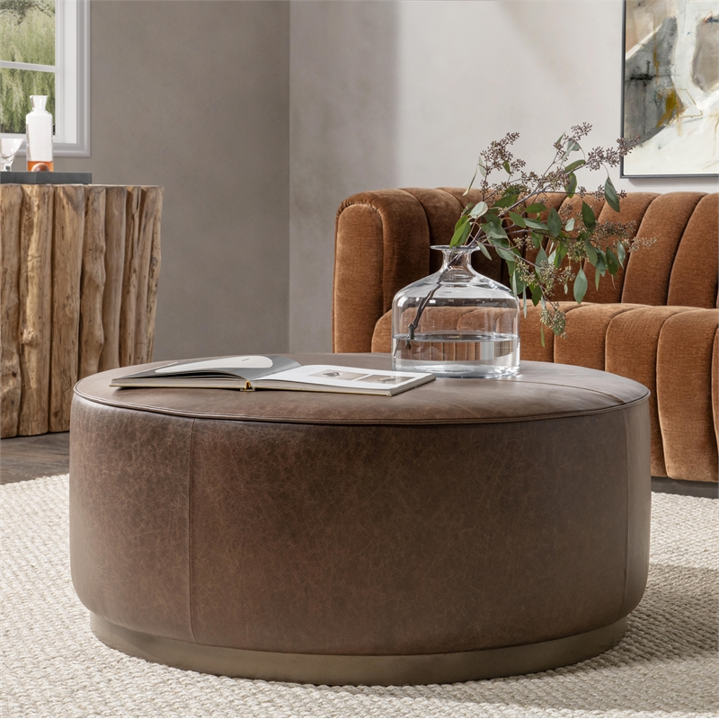 Pemberly Row Contemporary Leather Round Cocktail Coffee Table Brown