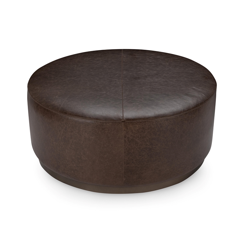 Pemberly Row Contemporary Leather Round Cocktail Coffee Table Brown