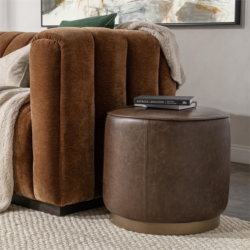 Pemberly Row Contemporary Leather Round End Table Dark Brown