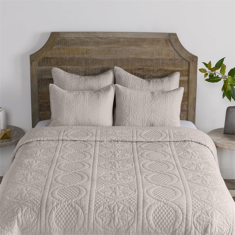 Pemberly Row Modern Transitional Taupe Finish Queen Cotton Quilt
