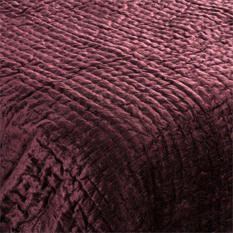 Pemberly Row Modern Transitional Velvet Port Red Finish King Quilt