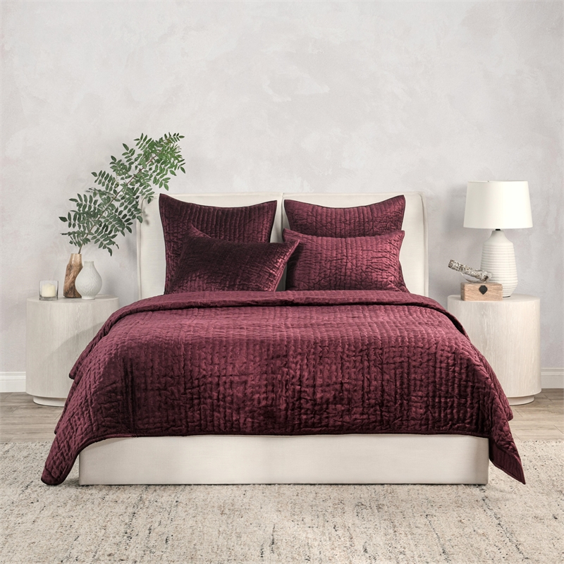Pemberly Row Modern Transitional Velvet Port Red Finish King Quilt