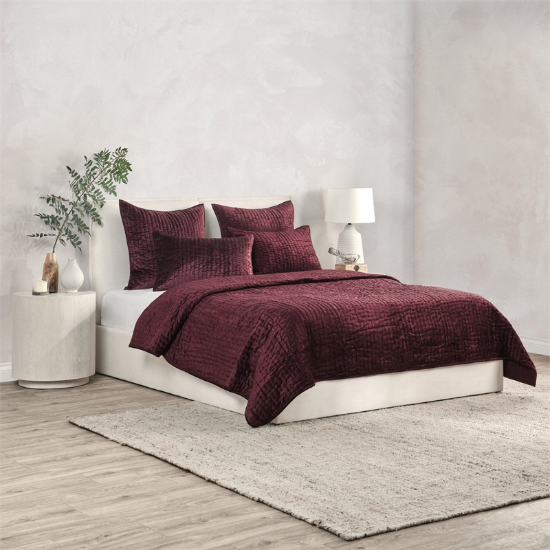Pemberly Row Modern Transitional Velvet Port Red Queen Quilt