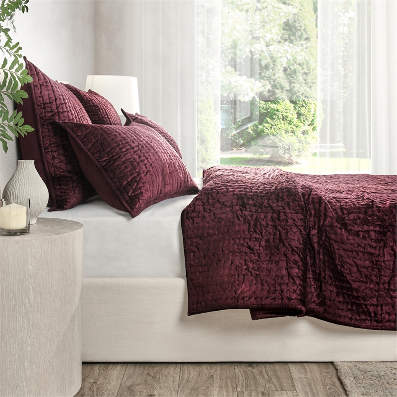 Pemberly Row Modern Transitional Velvet Port Red Queen Quilt