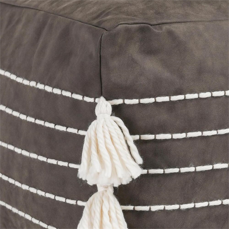 Pemberly Row Transitional Vegan Faux Leather Indoor Hickory Pouf