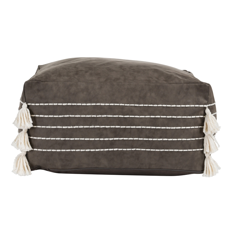 Pemberly Row Transitional Vegan Faux Leather Indoor Hickory Pouf
