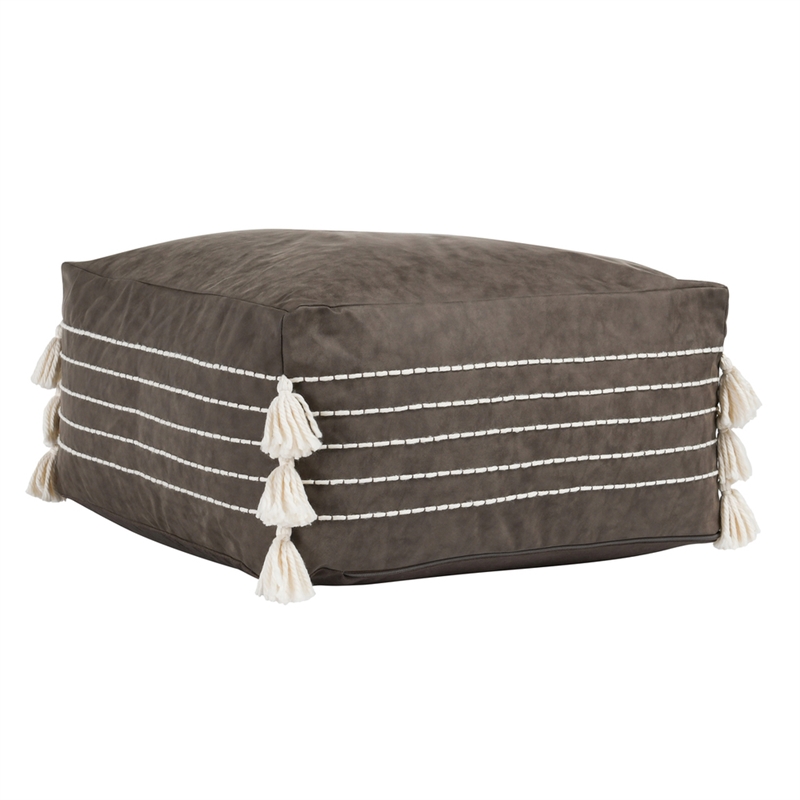 Pemberly Row Transitional Vegan Faux Leather Indoor Hickory Pouf