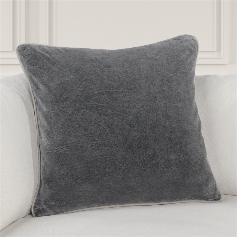 Pemberly Row Transitional 22in Velvet Throw Pillow in Stone Gray