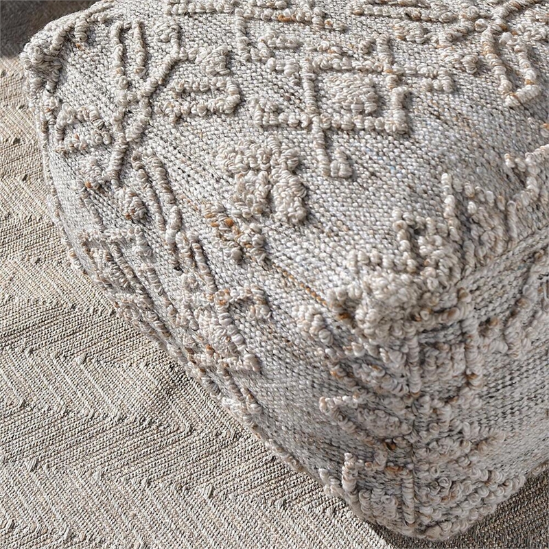 Pemberly Row Transitional Linen Blend Fabric Pouf in Gray/Multi-Color