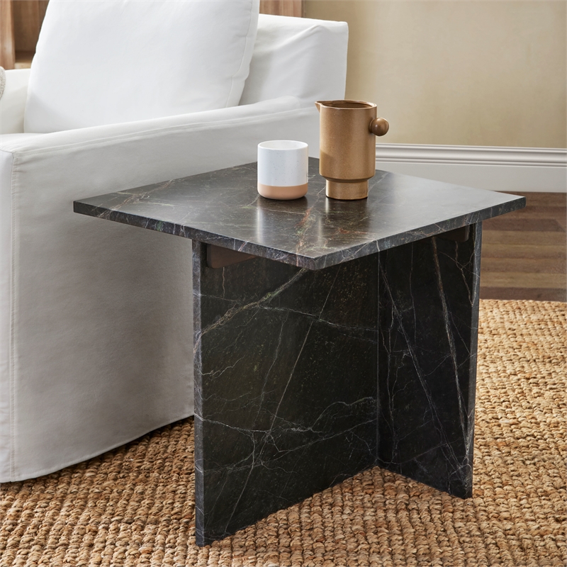 Pemberly Row Modern Transitional Marble End Table in Green Finish