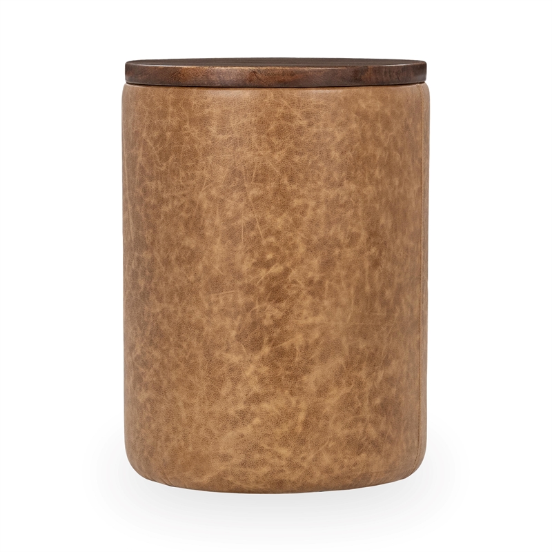 Pemberly Row Mango Wood Top Leather Wrap Accent End Table in Tan