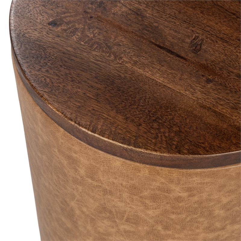 Pemberly Row Mango Wood Top Leather Wrap Accent End Table in Tan