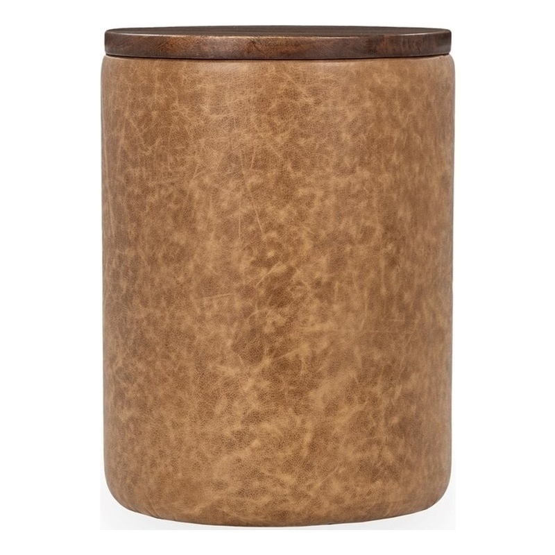Pemberly Row Mango Wood Top Leather Wrap Accent End Table in Tan