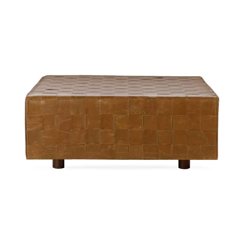 Pemberly Row Transitional Leather Square Cocktail Ottoman in Chestnut