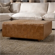 Pemberly Row Transitional Leather Square Cocktail Ottoman in Chestnut