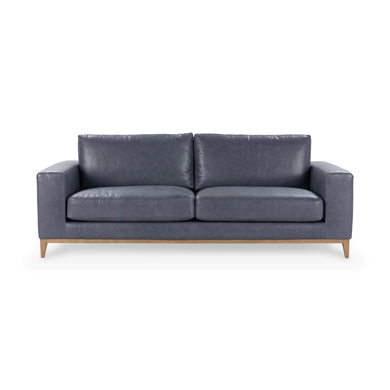 Pemberly Row Modern Transitional Top Grain Leather Sofa in Blue