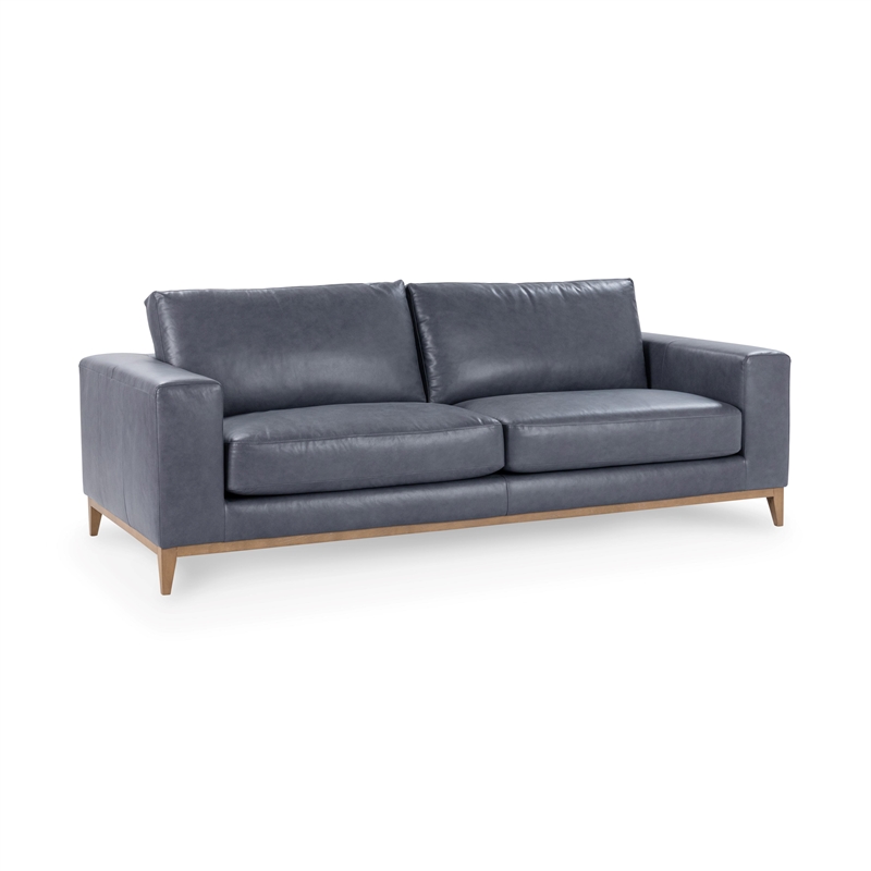 Pemberly Row Modern Transitional Top Grain Leather Sofa in Blue