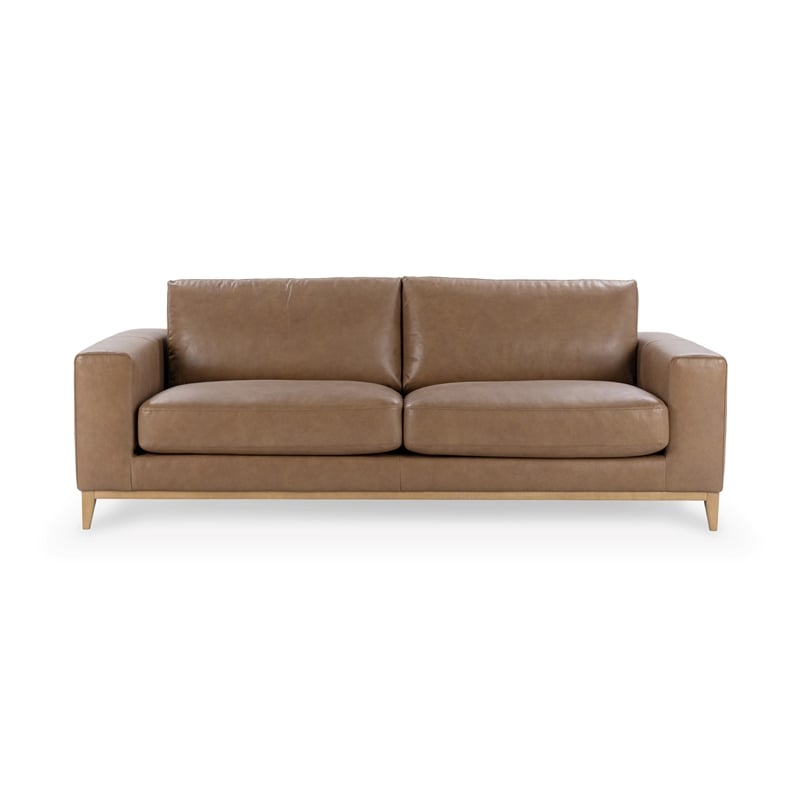 Pemberly Row Modern Transitional Top Grain Leather Sofa in Tan