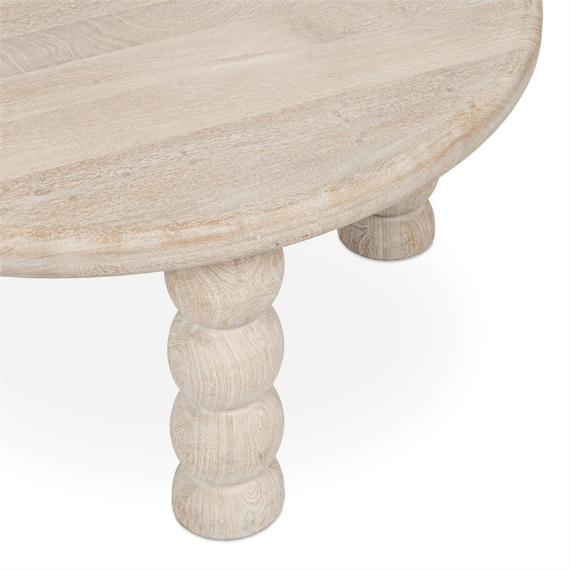Pemberly Row Transitional Solid Mango Wood Round Coffee Table in Cream