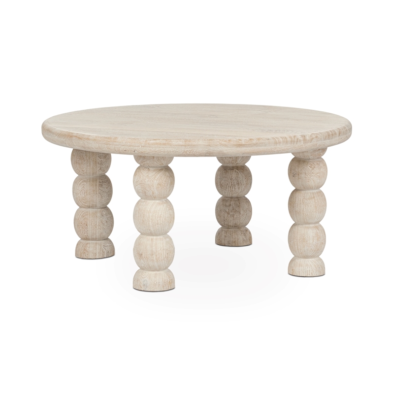 Pemberly Row Transitional Solid Mango Wood Round Coffee Table in Cream