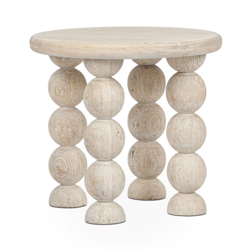 Pemberly Row Transitional Solid Mango Wood Round End Table in Cream