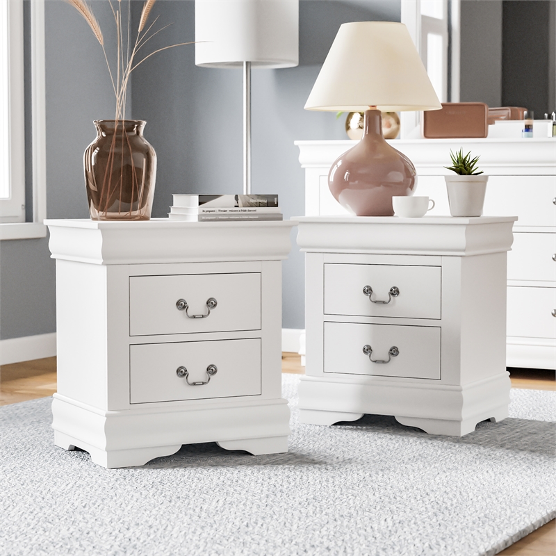 Pemberly Row Set of 4 Wood Panel Queen Bed & Dresser & Nightstands in White