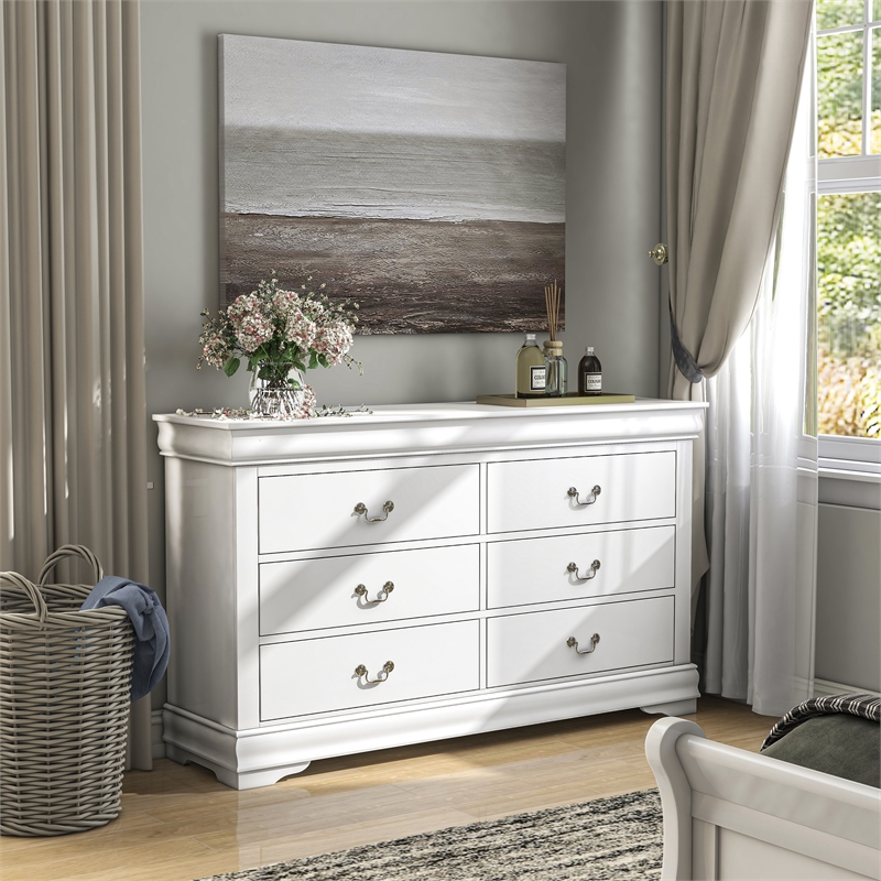 Pemberly Row Set of 4 Wood Panel Queen Bed & Dresser & Nightstands in White