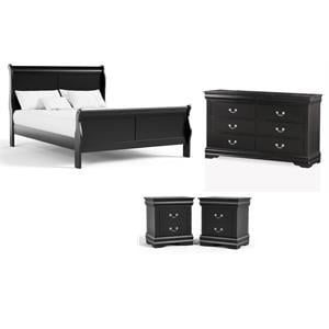 Pemberly Row Set of 4 Wood Panel Queen Bed & Dresser & Nightstands in Black