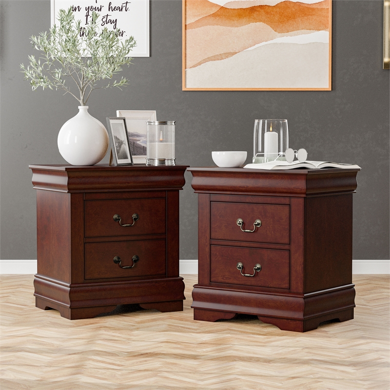 Pemberly Row Set of 4 Wood Panel Queen Bed & Dresser & Nightstands in Cherry