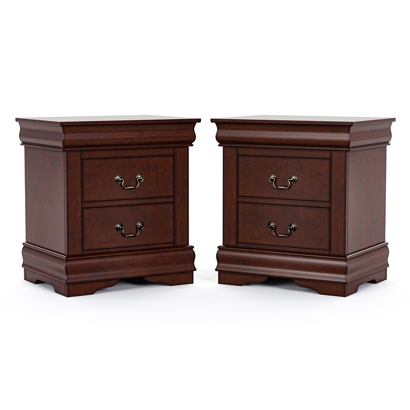Pemberly Row Set of 4 Wood Panel Queen Bed & Dresser & Nightstands in Cherry