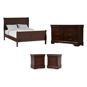 Pemberly Row Set of 4 Wood Panel Queen Bed & Dresser & Nightstands in Cherry