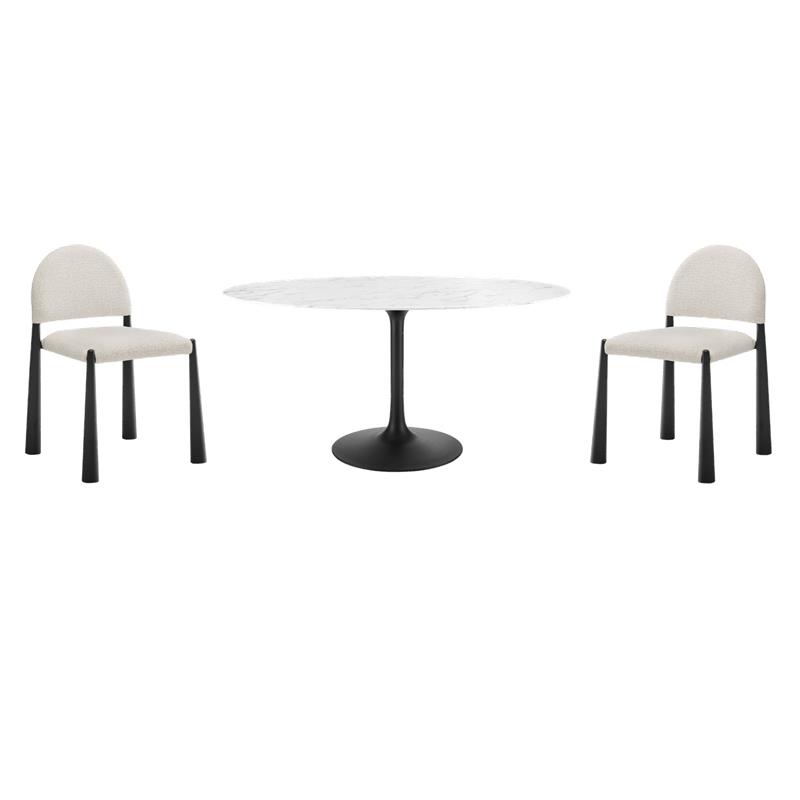 Pemberly Row Set of 3 Oval Marble and Metal Dining Table & Chairs in Black/White