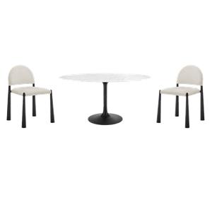 Pemberly Row Set of 3 Oval Marble and Metal Dining Table & Chairs in Black/White