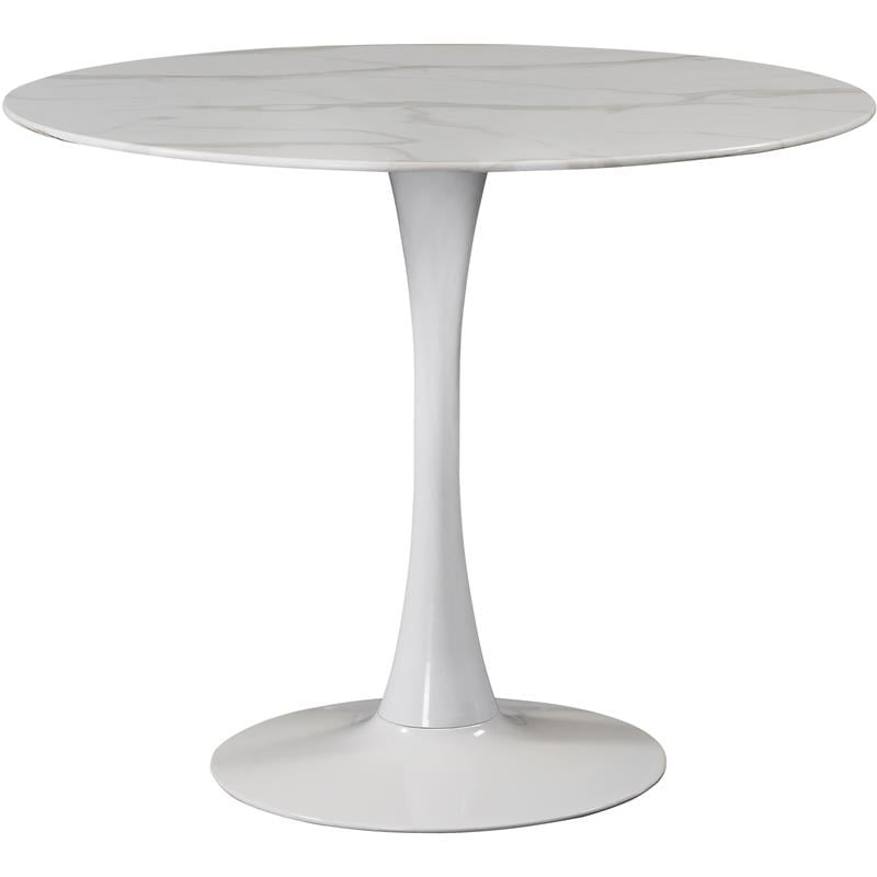 Pemberly Row Set of 3 Faux Marble Top Dining Table & Cream Linen Chairs in White