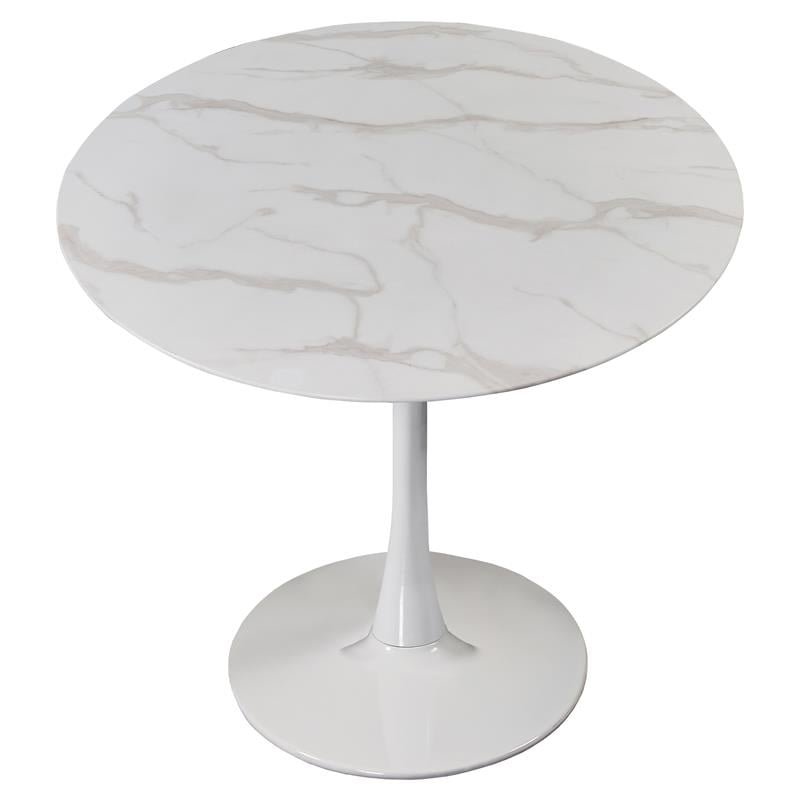 Pemberly Row Set of 3 Faux Marble Top Dining Table & Cream Linen Chairs in White