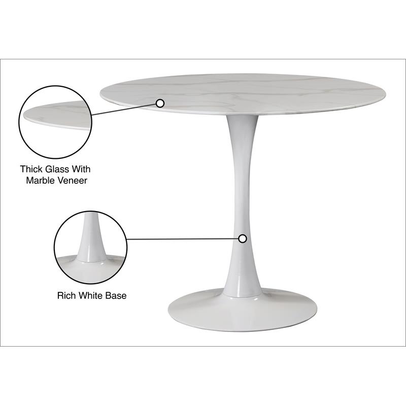 Pemberly Row Set of 3 Faux Marble Top Dining Table & Cream Linen Chairs in White