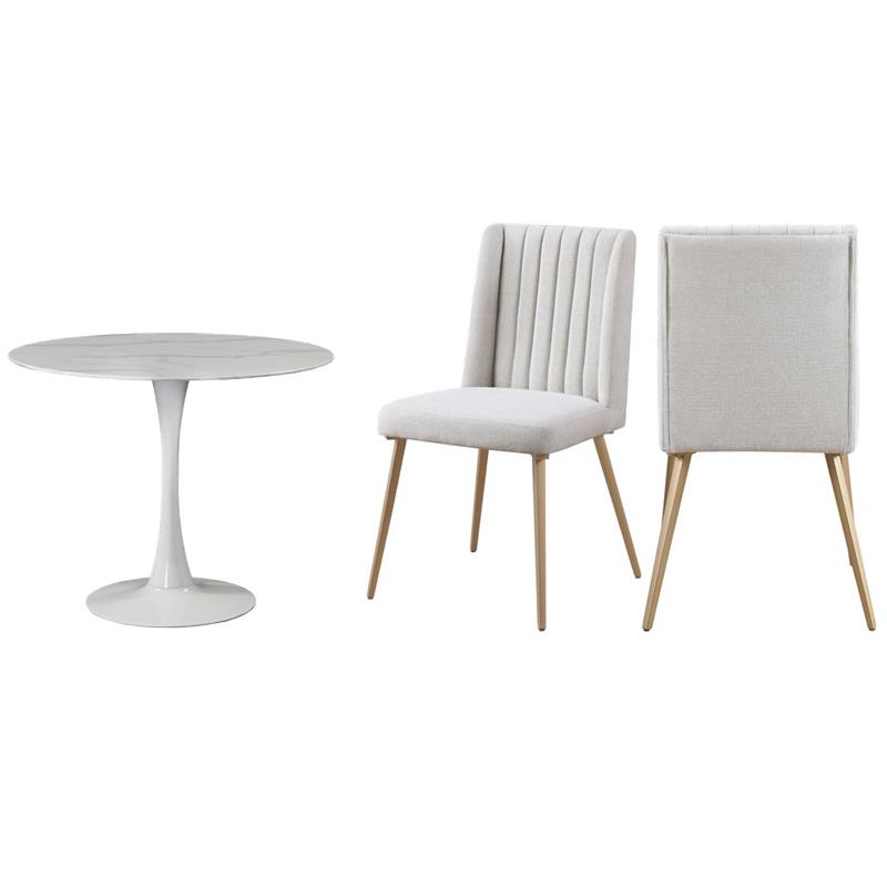 Pemberly Row Set of 3 Faux Marble Top Dining Table & Cream Linen Chairs in White