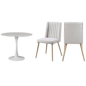 Pemberly Row Set of 3 Faux Marble Top Dining Table & Cream Linen Chairs in White