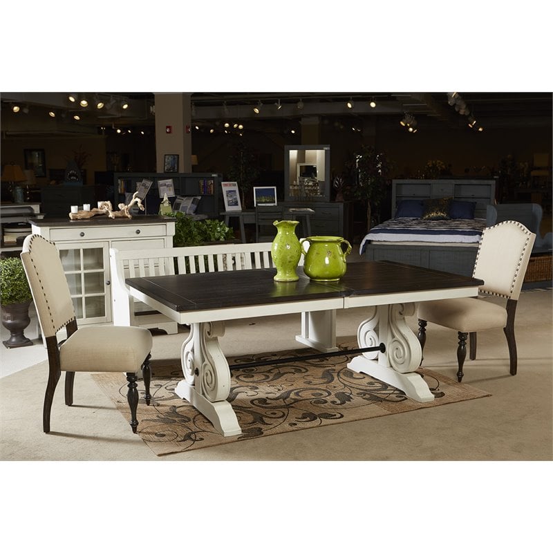 Pemberly Row Set of 7 Wood Trestle Table & Ladderback Chairs in White/Dark Brown