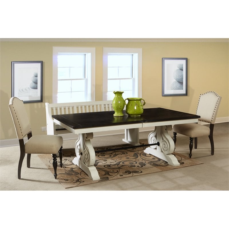 Pemberly Row Set of 7 Wood Trestle Table & Ladderback Chairs in White/Dark Brown