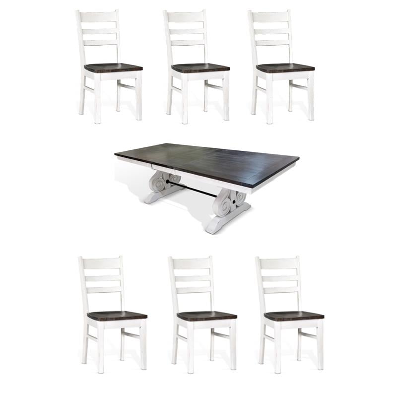 Pemberly Row Set of 7 Wood Trestle Table & Ladderback Chairs in White/Dark Brown