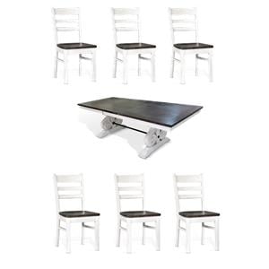 Pemberly Row Set of 7 Wood Trestle Table & Ladderback Chairs in White/Dark Brown
