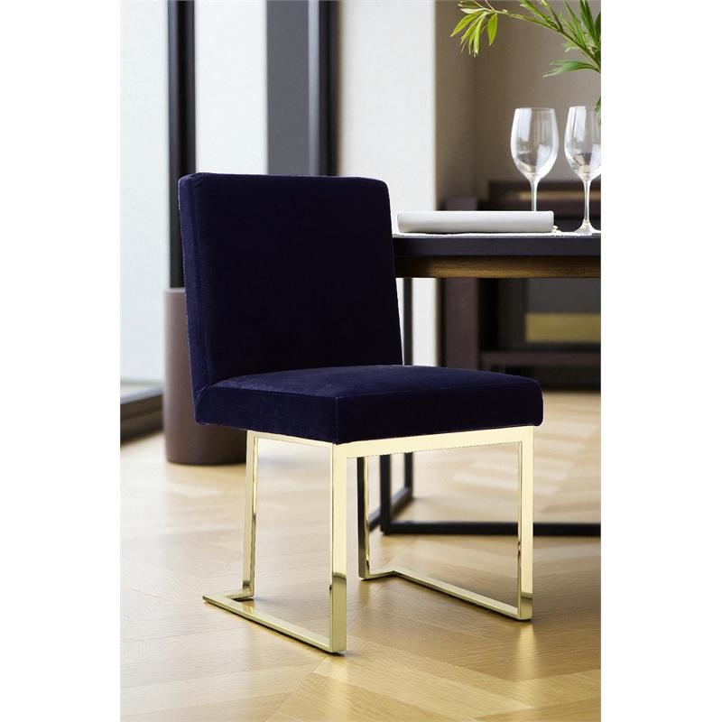 Pemberly Row Set of 3 Polished Steel Dining Table & Side Chairs in Navy/Gold