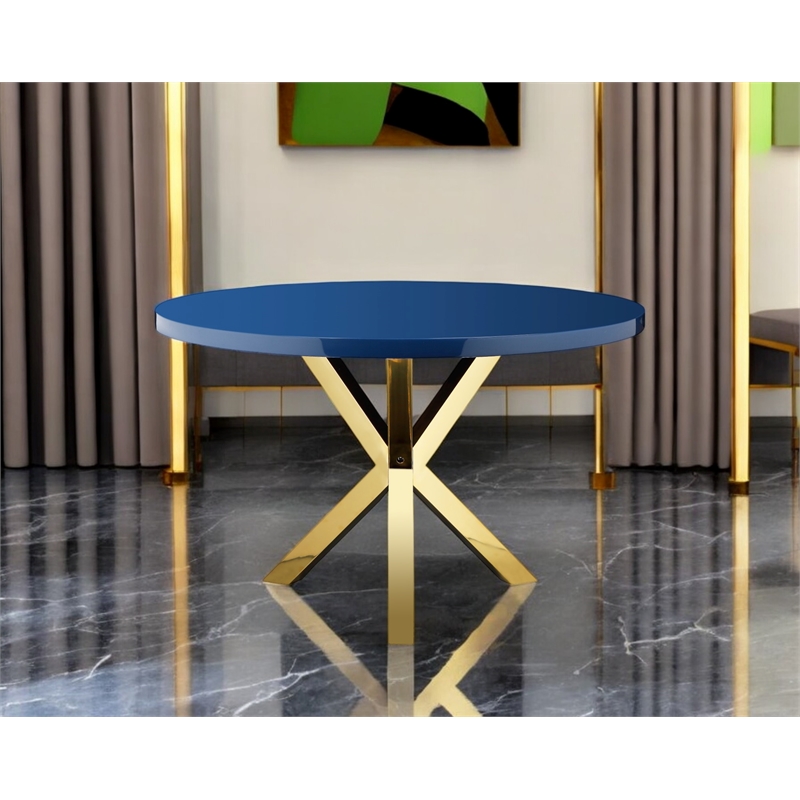 Pemberly Row Set of 3 Polished Steel Dining Table & Side Chairs in Navy/Gold