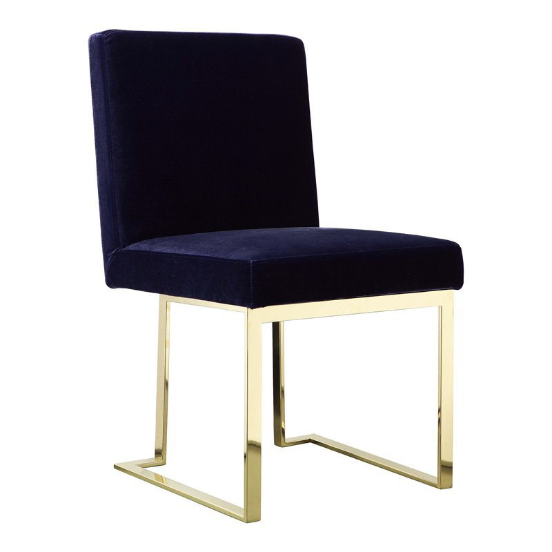 Pemberly Row Set of 3 Polished Steel Dining Table & Side Chairs in Navy/Gold